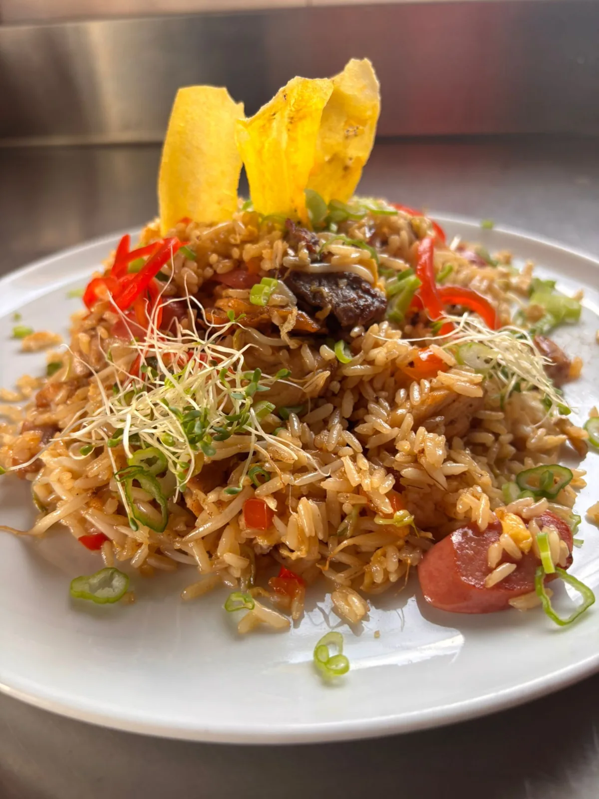 Peruvian chaufa fried rice with beef, chicken, sausage, sprouts and plantain chips on a white plate at Peruvian Latinos